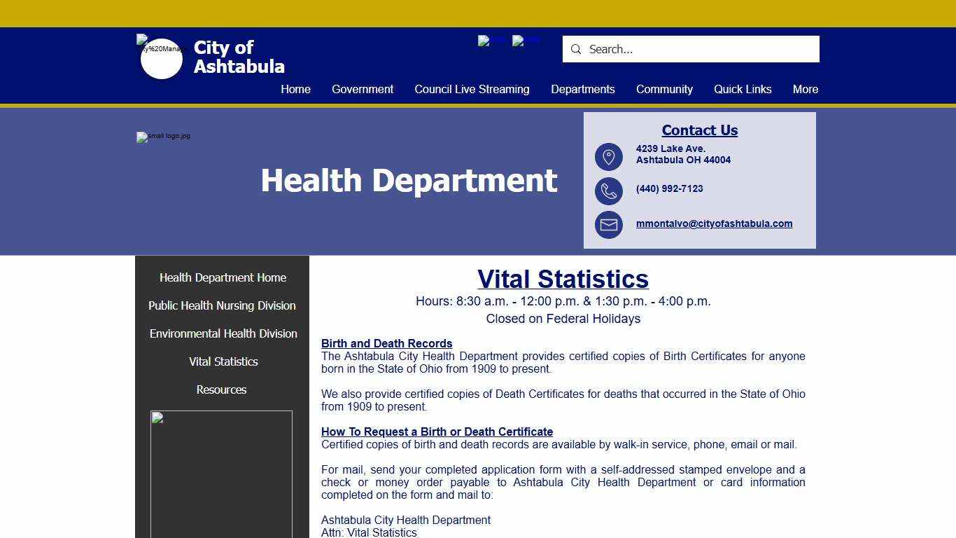Vital Statistics City of Ashtabula Ashtabula, OH