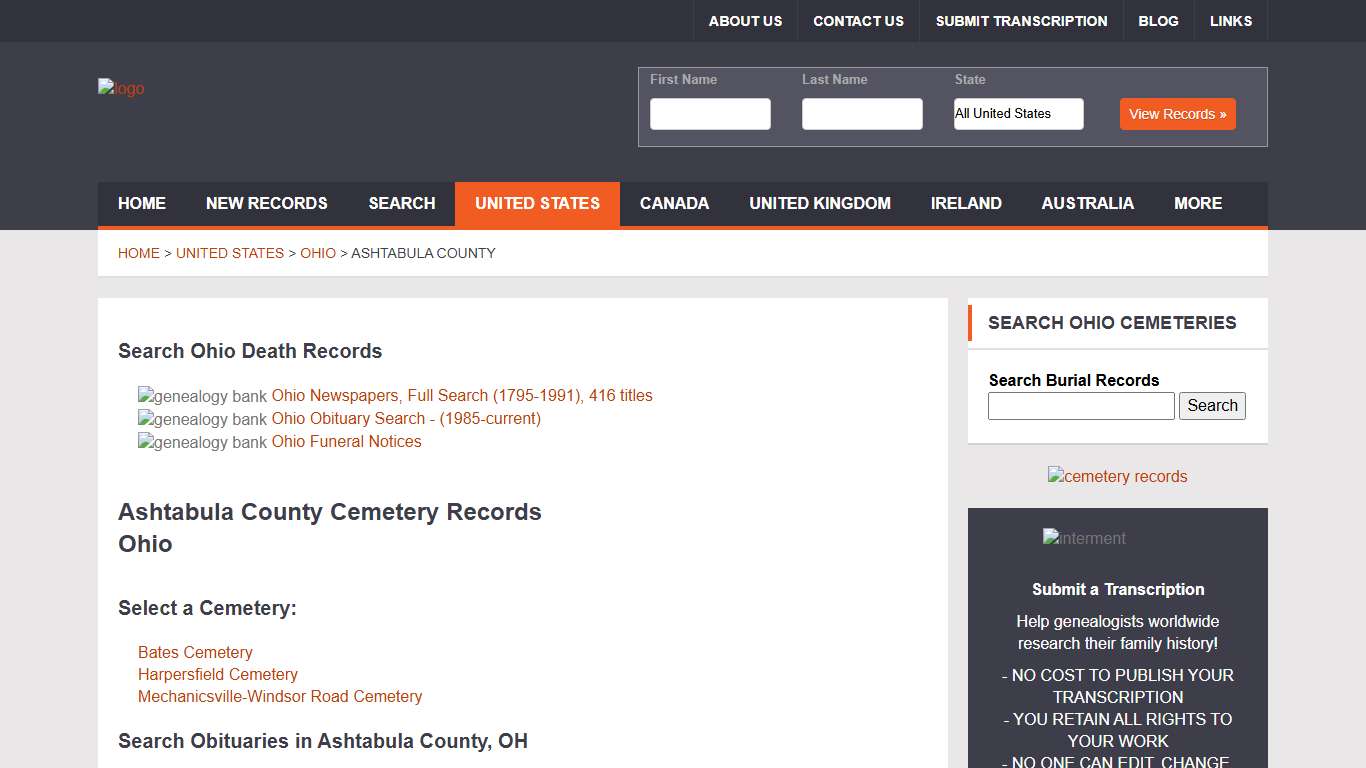 Ashtabula County Cemetery Records, Ohio Genealogy