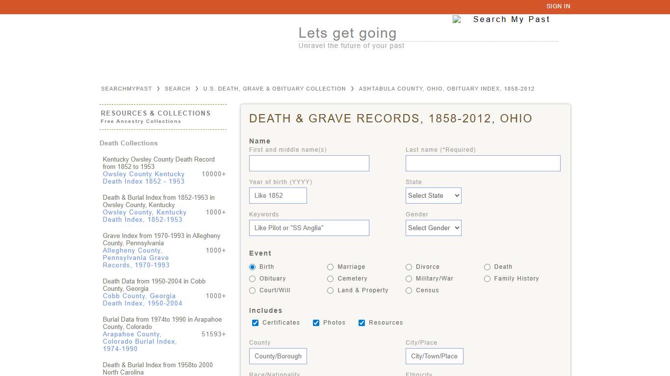 Ashtabula County, Ohio, Obituary Index, 1858-2012 Searchmypast