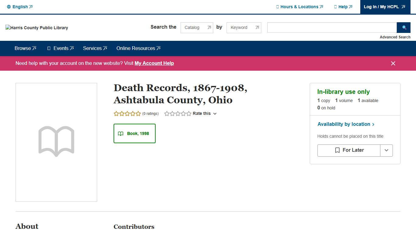 Death Records, 1867-1908, Ashtabula County, Ohio Harris County Public Library BiblioCommons